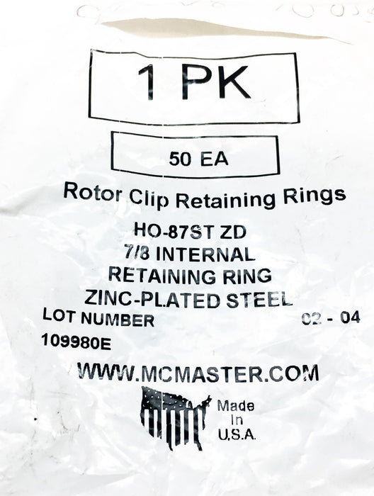 McMaster 50 Pack 7/8 Internal Rotor Clip Retaining Ring HO-87ST-ZD NOS