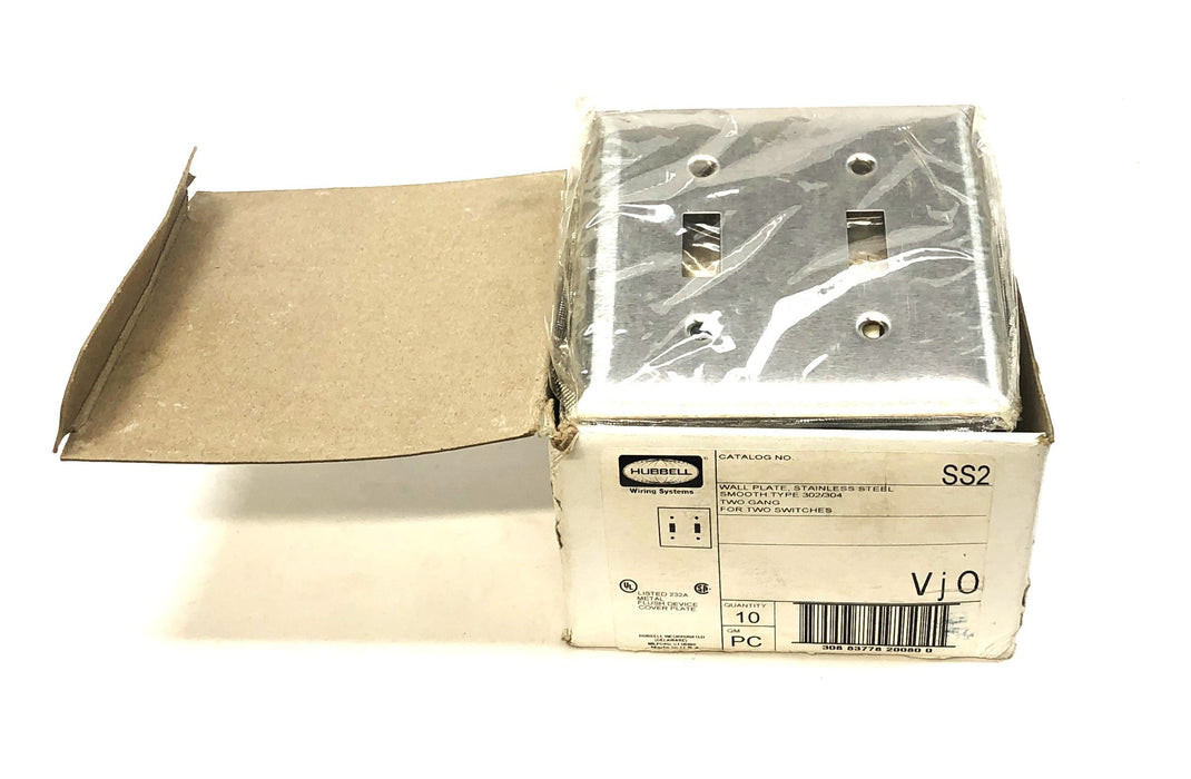 Hubbell Two Gang Two Switch Type 302/304 Stainless Steel Wall Plate 10ct SS2 NOS