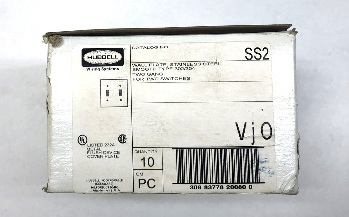 Hubbell Two Gang Two Switch Type 302/304 Stainless Steel Wall Plate 10ct SS2 NOS