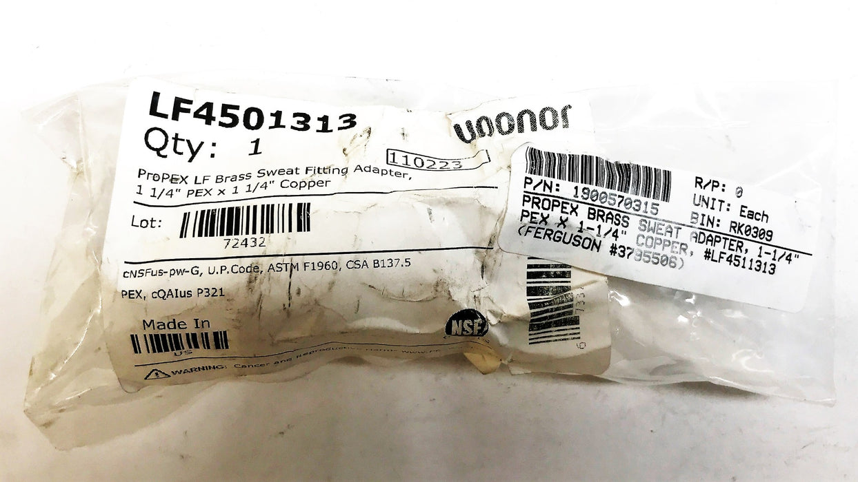 Uponor 1-1/4" ProPEX x 1-1/4" Female Sweat Copper Fitting Adapter LF4501313 NOS