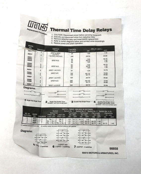 Mars Electric Heat Sequencer Time Delay Relay 33232 NOS