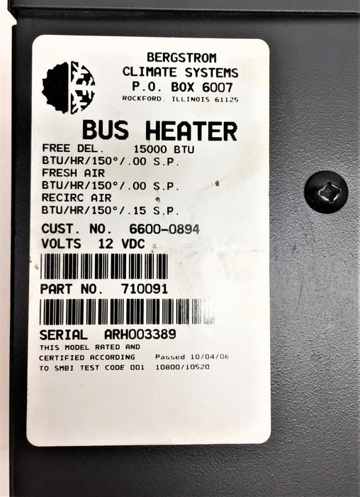 Bergstrom Bus Heater Untested 710091 USED