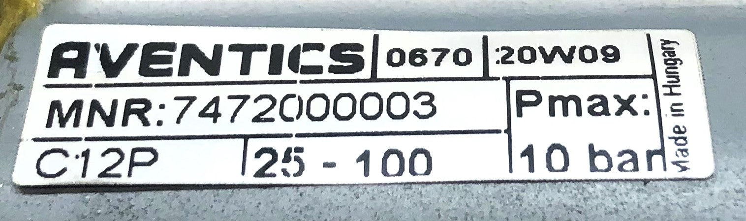 Aventics 10 Bar Pmax Pneumatic Cylinder 7472000003 NOS