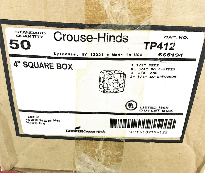 Crouse Hinds 4" Square Steel Outlet Box TP412 [Lot of 2] NOS