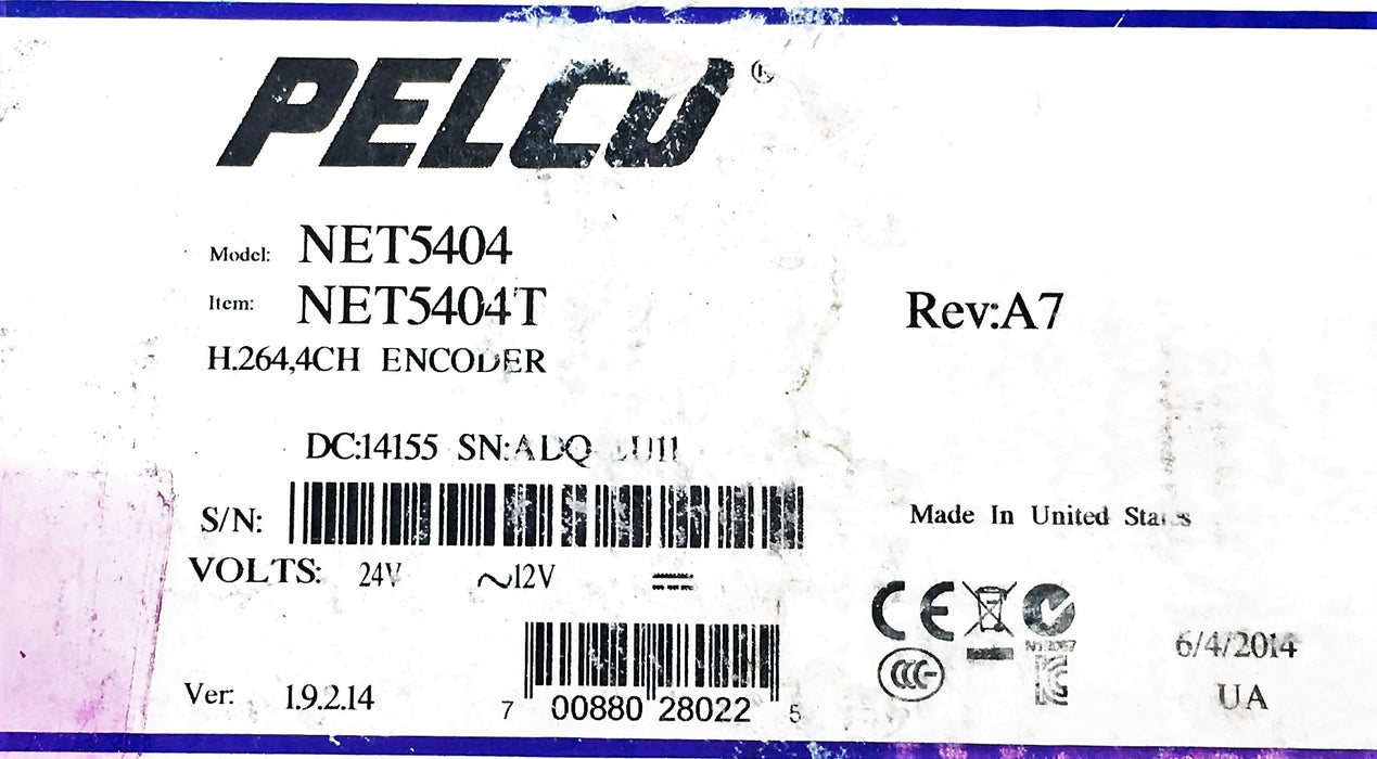 Schneider Electric Pelco NET5404 H.264,4CH Video Encoder NET5404T NOS