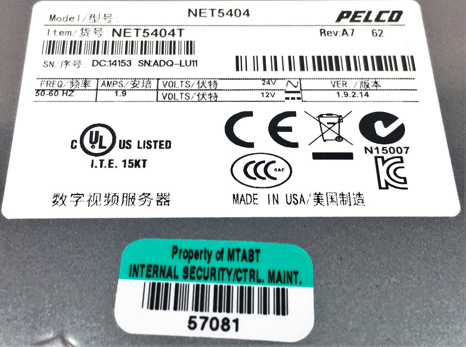 Schneider Electric Pelco NET5404 H.264,4CH Video Encoder NET5404T NOS
