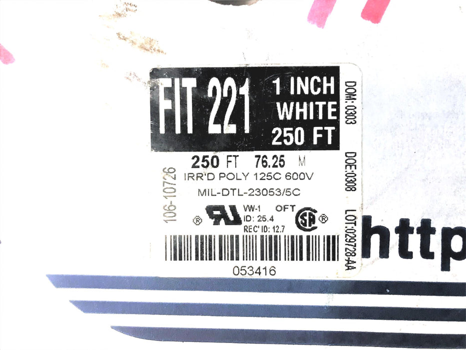 ALPHA WIRE FIT 221 1" WHITE HEAT SHRINK TUBING 135+' LENGTH 5975257816 NOS