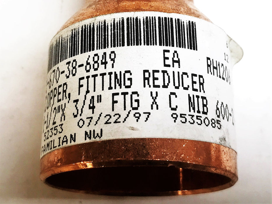 Familian 1-1/2" x 3/4" Copper Reducing Coupling 1-670-38-6849 [Lot of 3] NOS