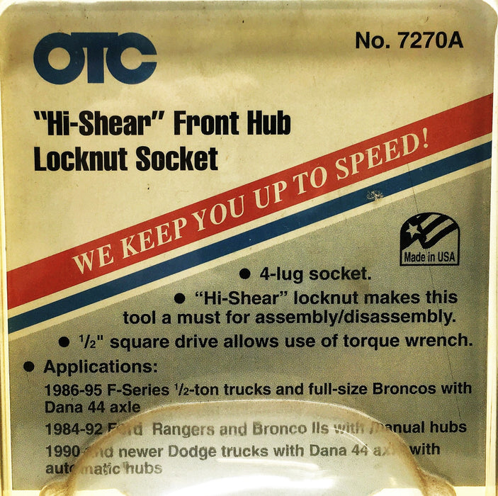 OTC Hi-Shear 1/2 Inch Square Drive 4-Lug Front Hub Locknut Socket 7270A NOS