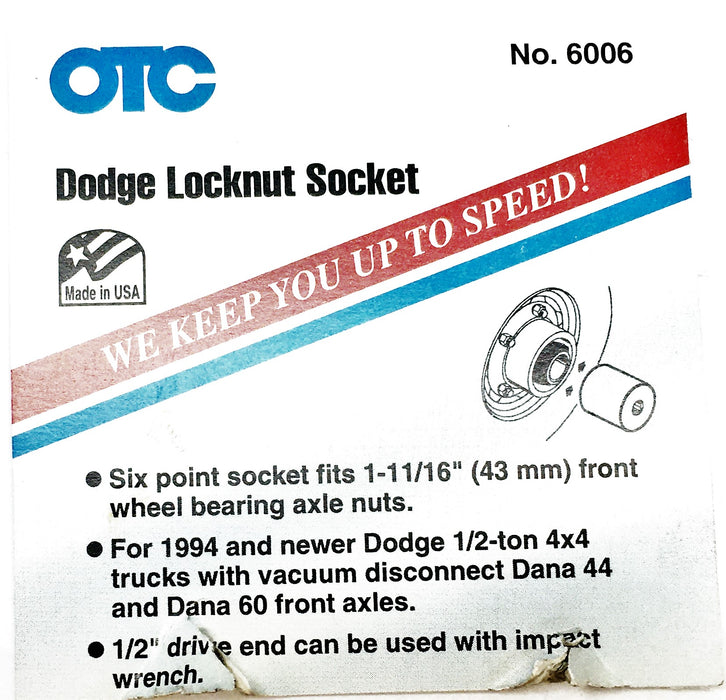 OTC 1/2 Inch Square Drive 6 Point Locknut Socket For Dodge Fits 6006 USED