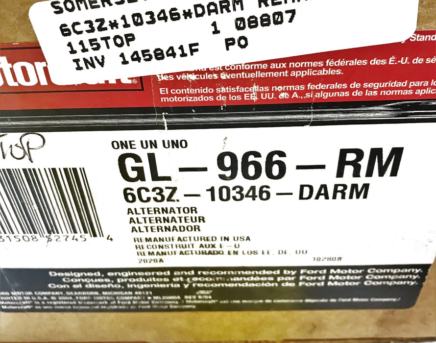 Motorcraft Re-Manufactured Alternator Assembly GL-966-RM (6C3Z-10346-DARM) NOS