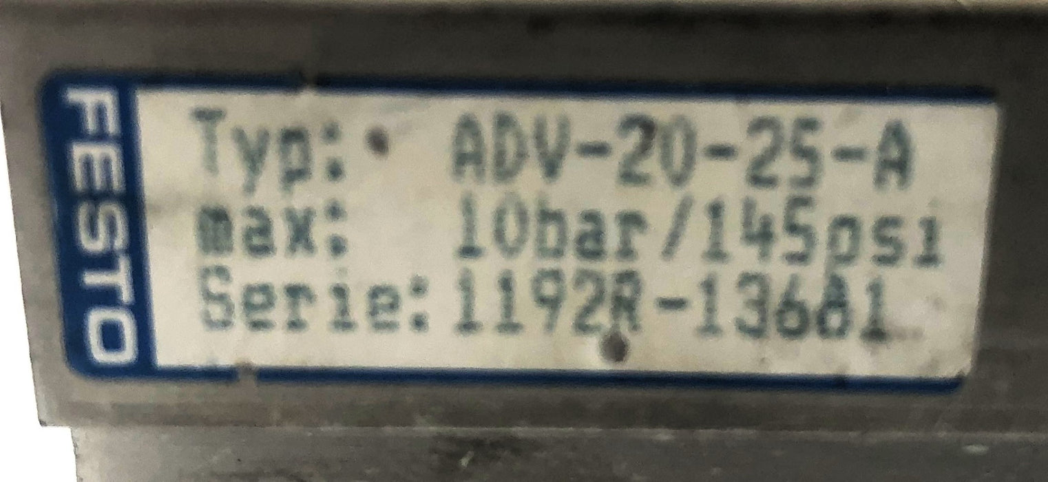Festo 10 Bar / 145 PSI Pmax Compact Pneumatic Cylinder ADV-20-25-A USED
