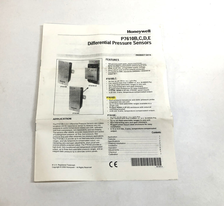 Honeywell Differential Pressure Sensor Transducer P7610D1000 (P7610D) NOS