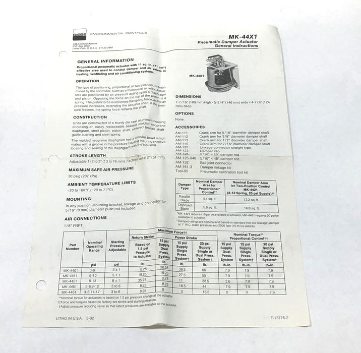 Barber Colman 8-13 PSI 2" Stroke Pneumatic Damper Actuator MK-4421-0-0-1 NOS