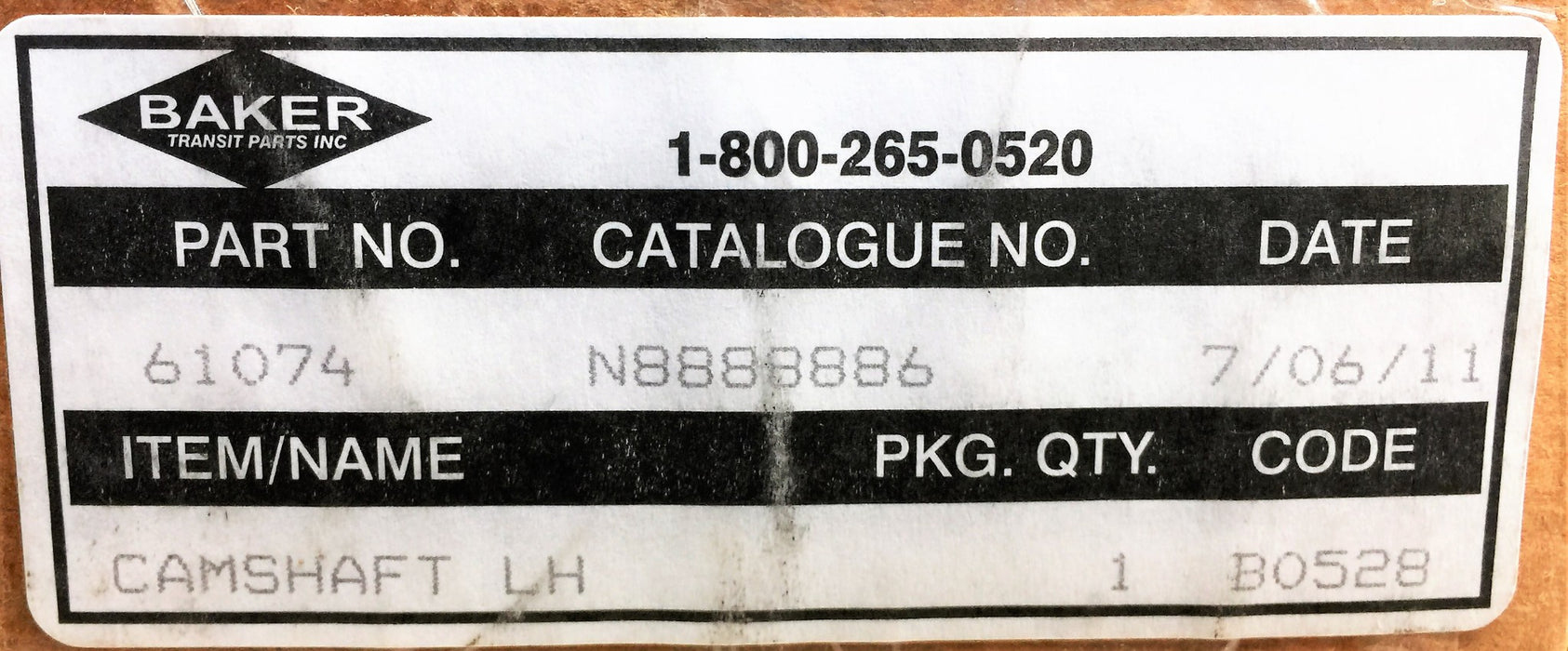 BAKER TRANSIT PARTS Camshaft N8888886 (61074) NOS