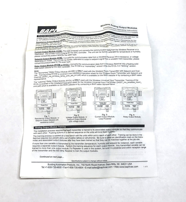 BAPI 9-30 VDC Or 17-31 VAC Wireless Analog Output Module BA/SOM-90-EZ NOS