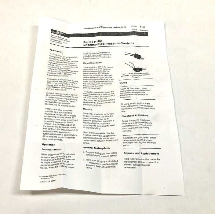 Johnson Controls Encapsulated Single Pressure Control P100AP-201C NOS