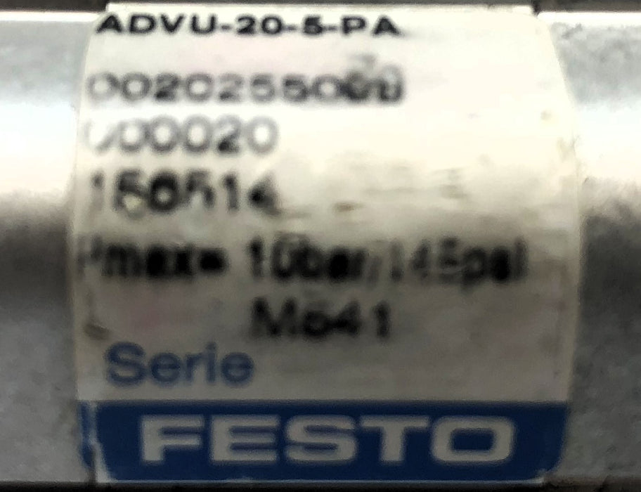 Festo 10 Bar / 145PSI Pmax Compact Pneumatic Cylinder ADVU-20-5-P-A (156514) NOS