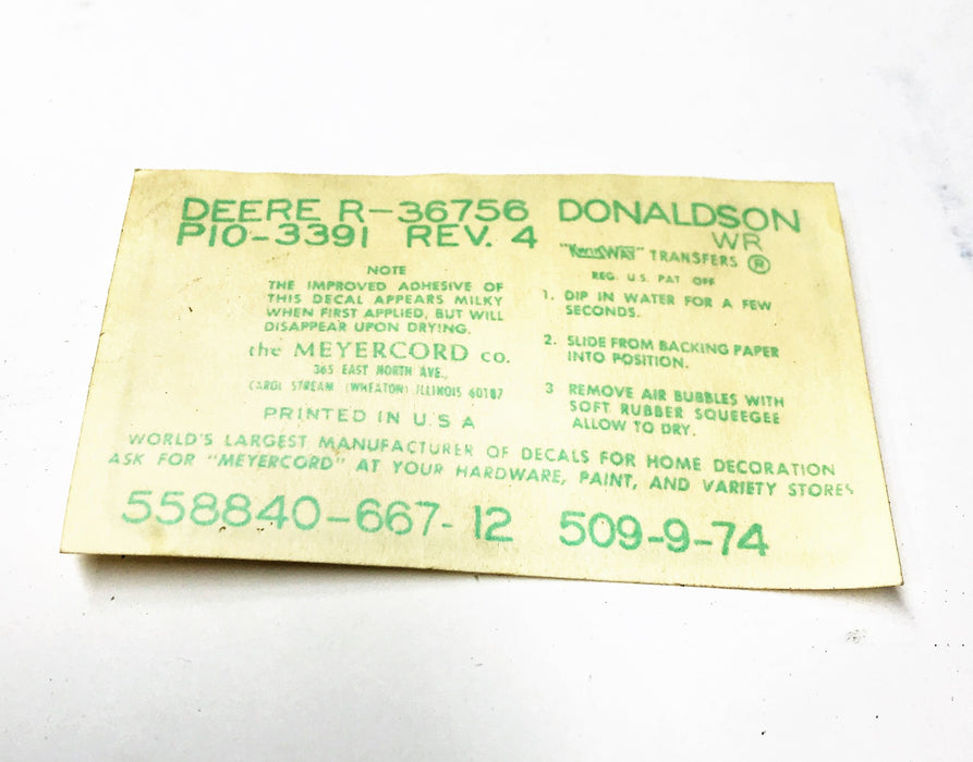 John Deere/Donaldson Instruction Decal R36756 NOS