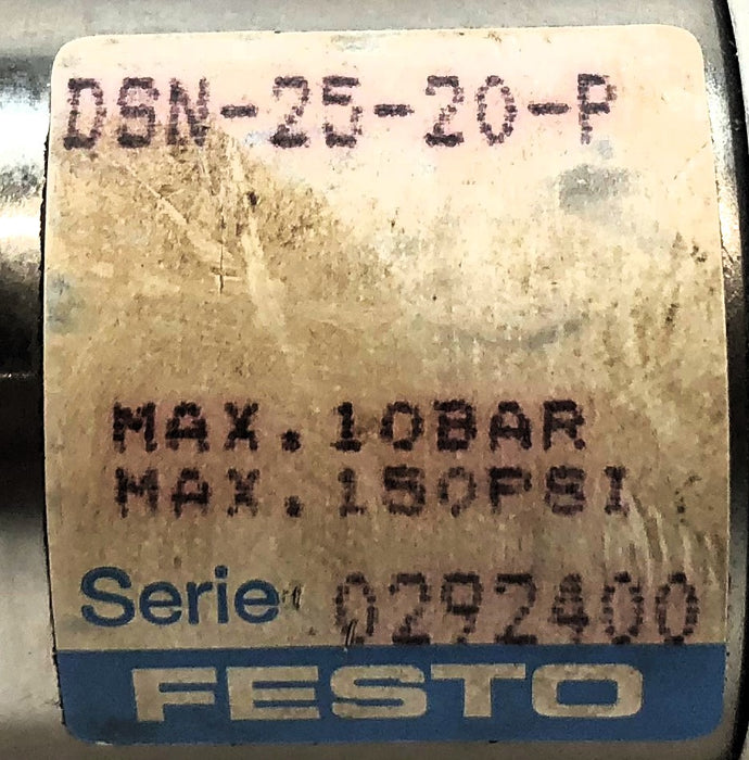 Festo 10 Bar / 150 PSI Max Pneumatic Cylinder DSNU-25-20-P NOS