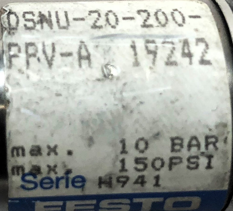 Festo 10 Bar / 150 PSI Max Pneumatic Cylinder (No Hex Nut) DSNU-20-200-PPV-A NOS