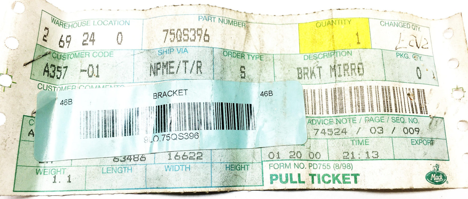 Mack Mirror Bracket 75QS396 NOS