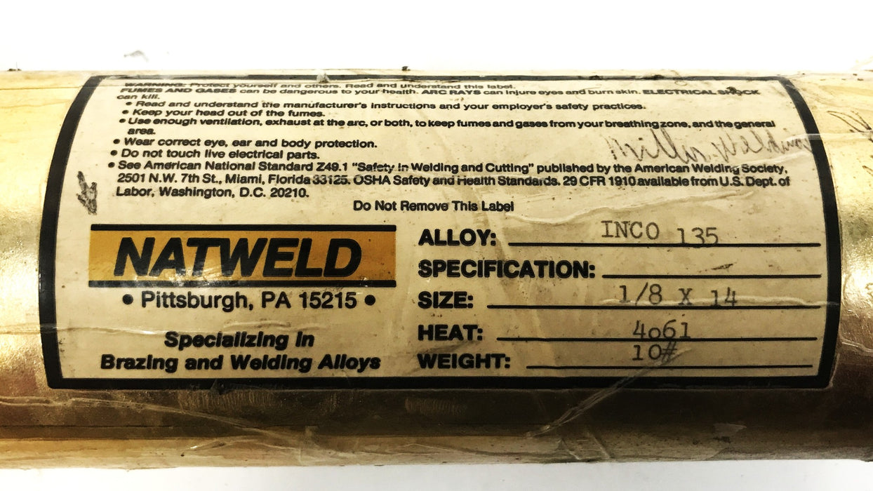 Natweld Nickel Iron Chromium Welding Electrodes, 10 pound tube, INCO135 NOS