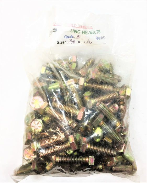 TRANS-WORLD 3/8" x 1-1/4" UNC Yellow Zinc Grade 8 Hex Bolt [Lot of 100] NOS