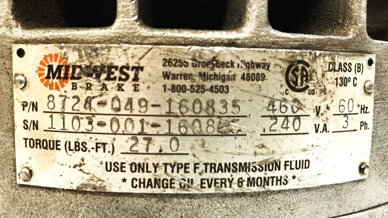 Midwest Brake Motor Brake 8724-049-160835 (8724-242-1) REMANUFACTURED