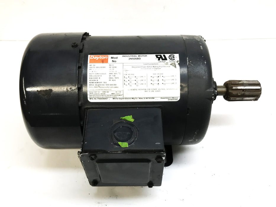 Dayton General Purpose Industrial Motor 1/2 HP 2N926BD USED