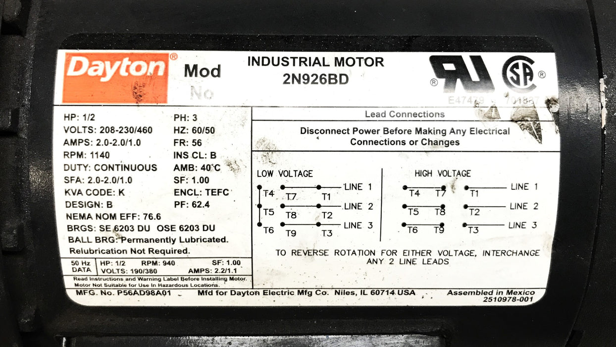 Dayton General Purpose Industrial Motor 1/2 HP 2N926BD USED