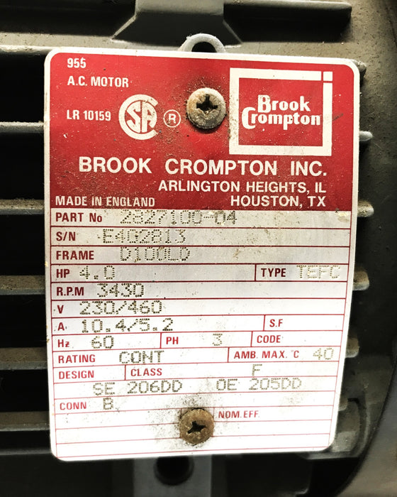 Brook Crompton 4 HP 3430 RPM Cooling Fan Motor 2827100-04 USED