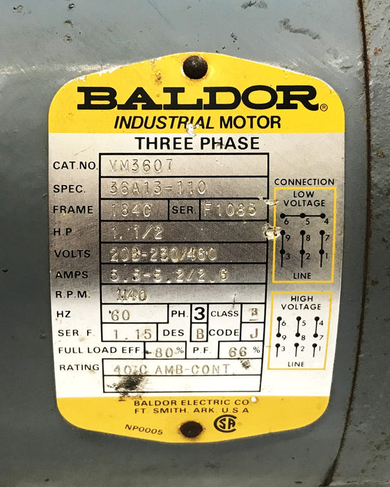 Baldor VM3607 3-phase Motor 36A13-110 USED