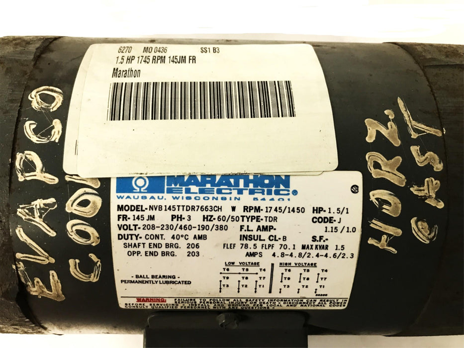 Marathon Electric Pump Motor NVB-145TTDR7663CH USED
