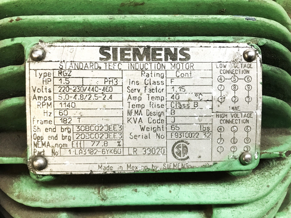 Siemens Standard Induction Motor 1-LA3182-6YK60 USED