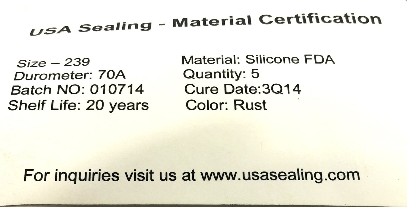 USA Sealing 70 Shore A Silicone Rust Color O-Ring Size 239 [Lot of 5] NOS
