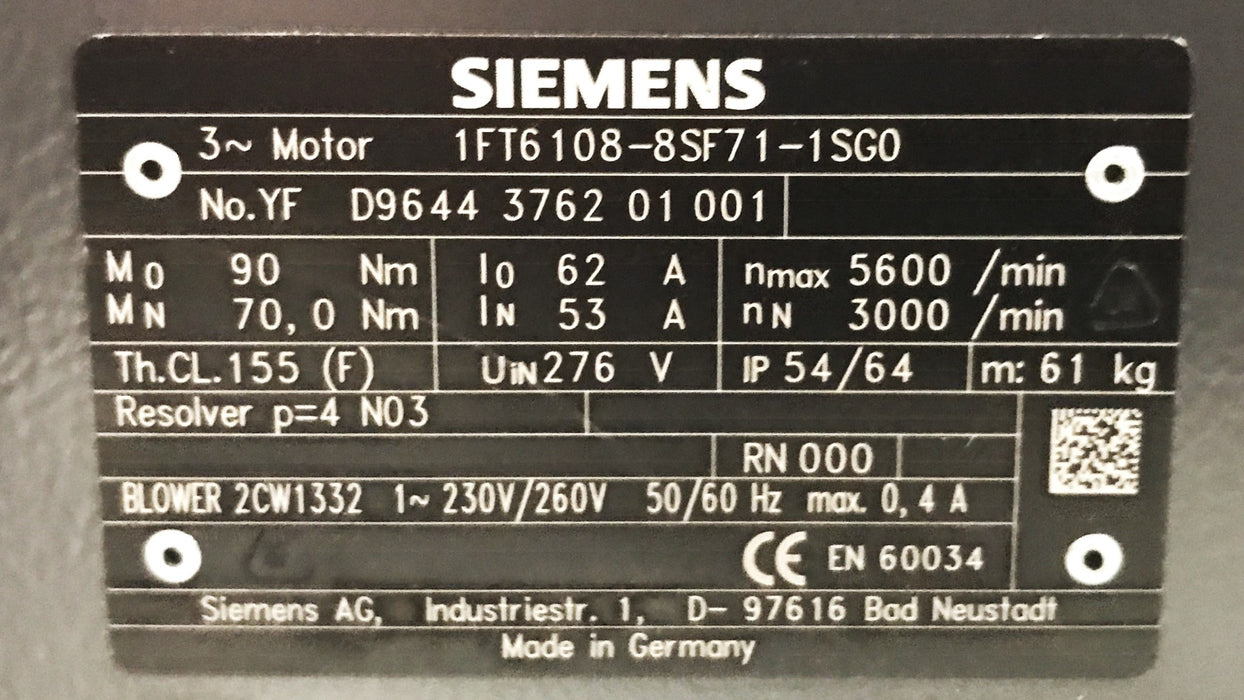 Siemens Servo Motor 1FT6108-8SF71-1SG0 NOS