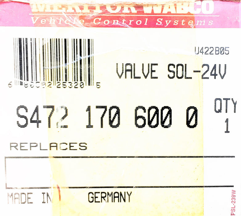 MERITOR/WABCO 24V Solenoid Valve S4721706000 NOS