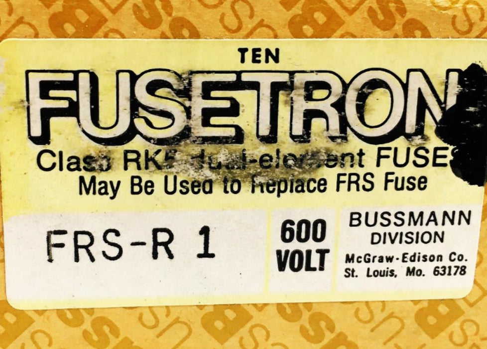 Bussman Fusetron 600 V Dual Element Time Delay Fuse 10 Piece Set FRS-R-1 NOS