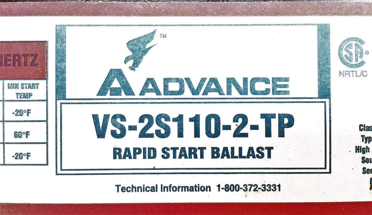 Advance Rapid Start Ballast VS2S110TP (2W773) NOS