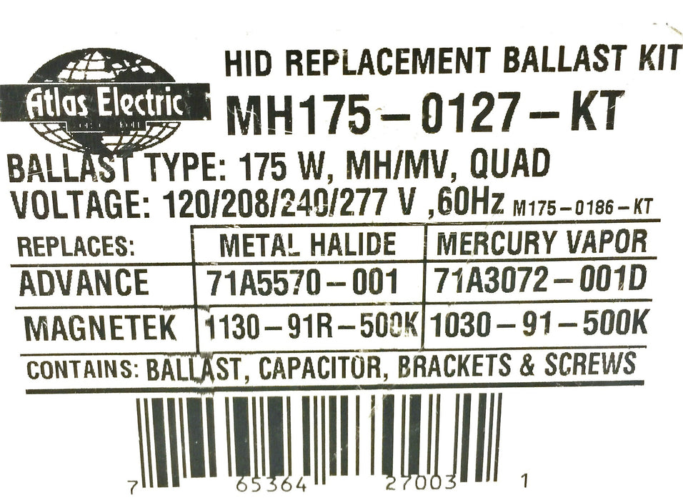 Atlas Electric HID Replacement Ballast Kit MH175-0127-KT (MH1750127KT) NOS
