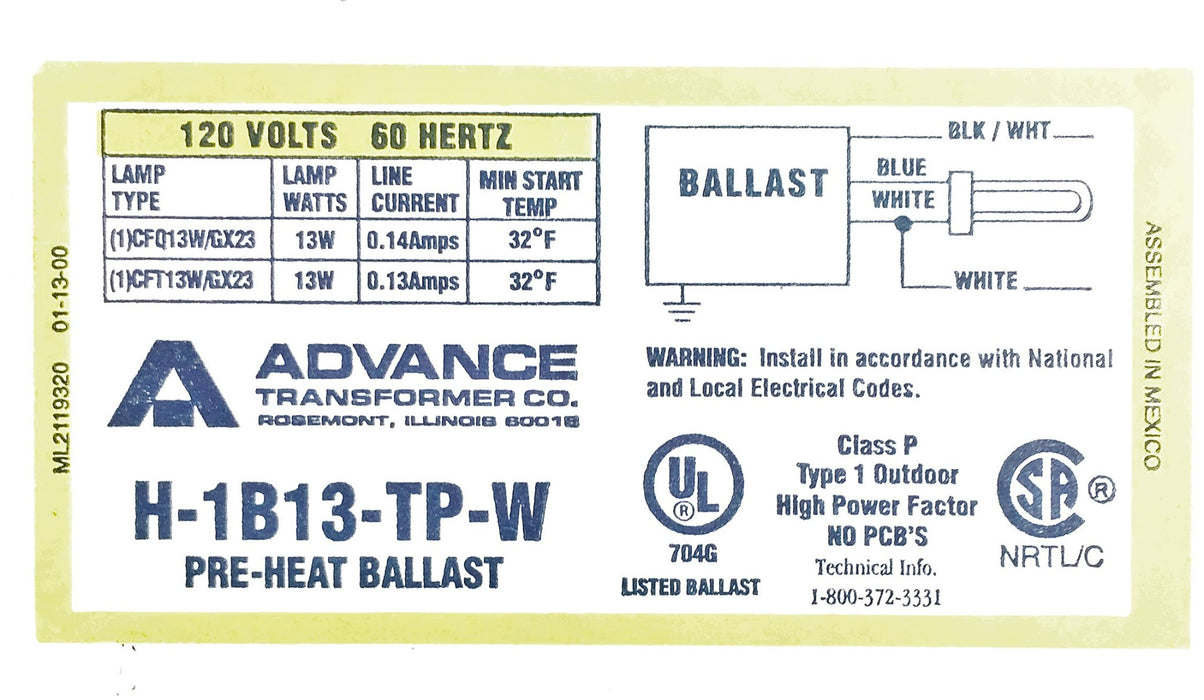 Advance Pre-Heat Ballast H1B13TPW (6V986) NOS