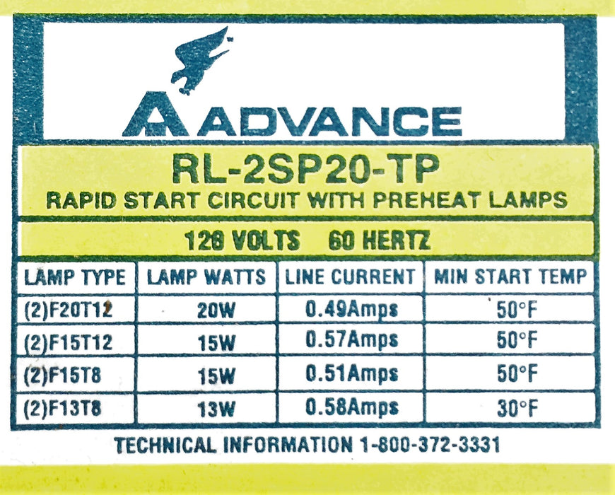 Advance Rapid Start Circuit with Preheat Lamps RL2SP20TP NOS