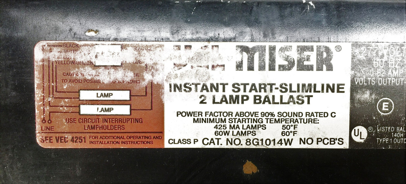 Valmont Electric Instant Start Slimline Ballast 2 Lamp Ballast 8G1014W NOS