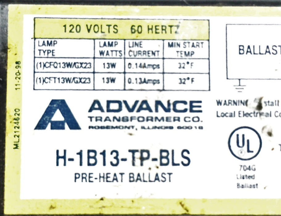 Advance Pre-Heat Ballast H-1B13-TP-BLS (H1B13TPBLS) NOS