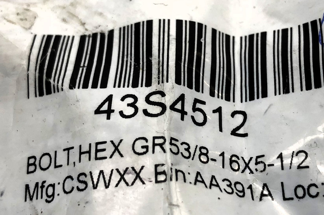 CSW GR5 3/8 Inch -16 X 5-1/2 Inch Hex Bolt 43S4512 [Lot of 12] NOS