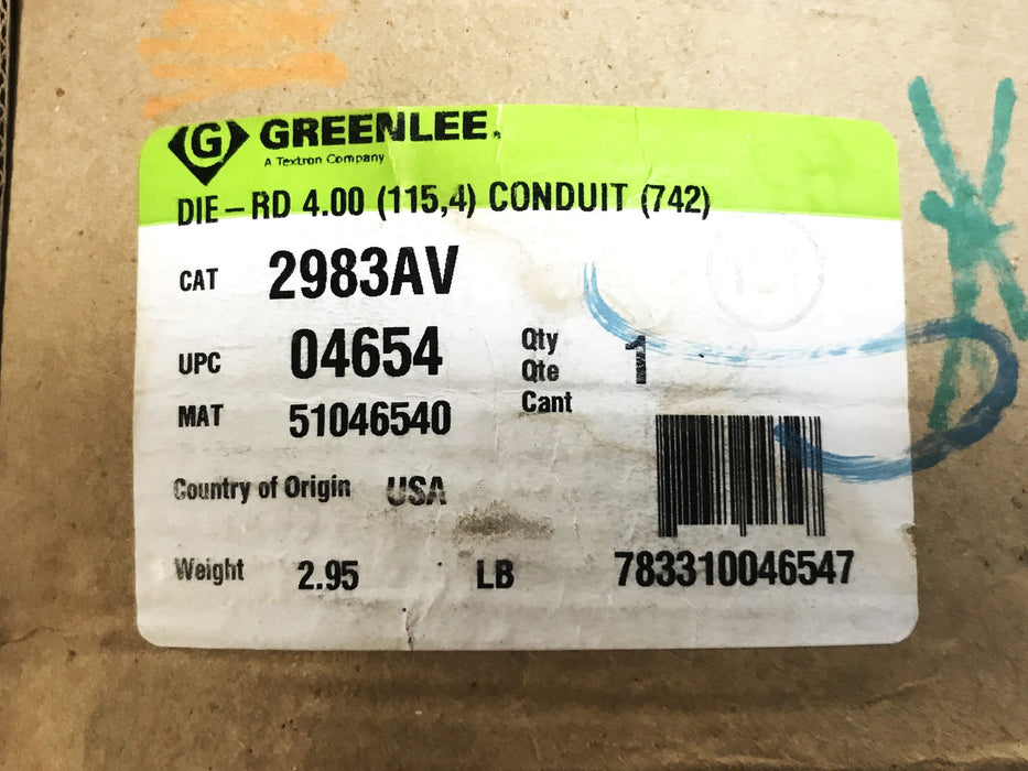 Greenlee 4 inch Conduit Die 2983AV NOS