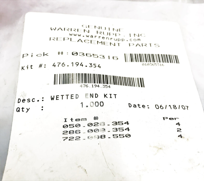 Warren Rupp Wetted End Kit 476.194.354 NOS