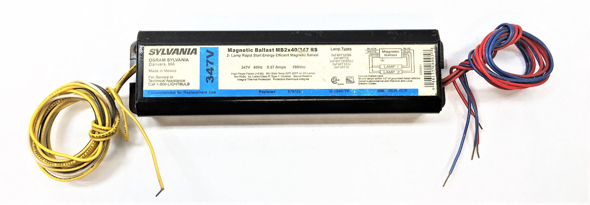 Sylvania 347v 60hz 0 27amp Magnetic Ballast Mb2x40 347rs Nos —