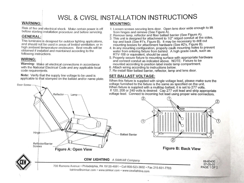 Simkar Wall Mount Fluorescent Lamp WSL0825-M NOS